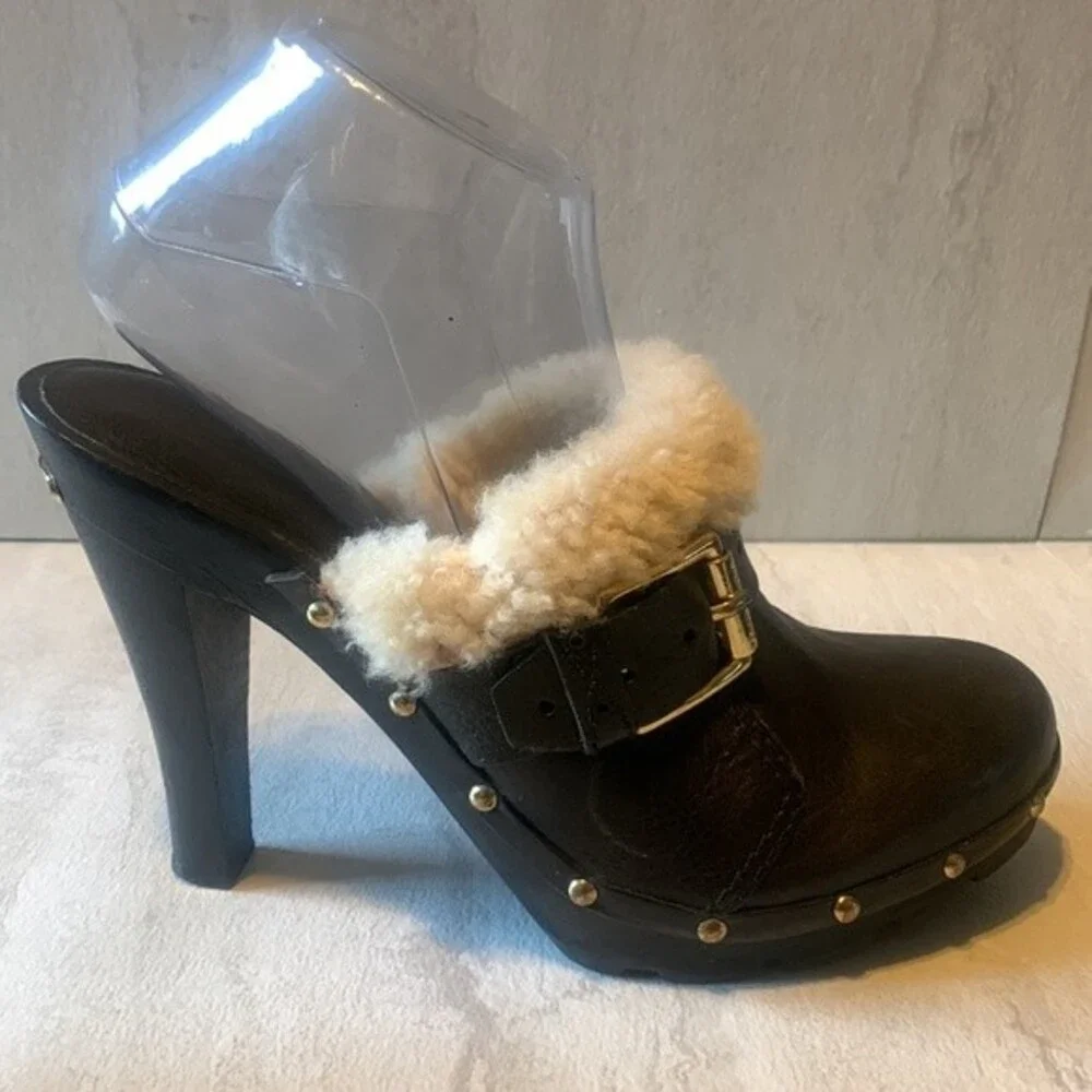 Michael Kors Studded Black Leather Wood Platform Clogs Size 9 Shearling Mules - Picture 5 of 12